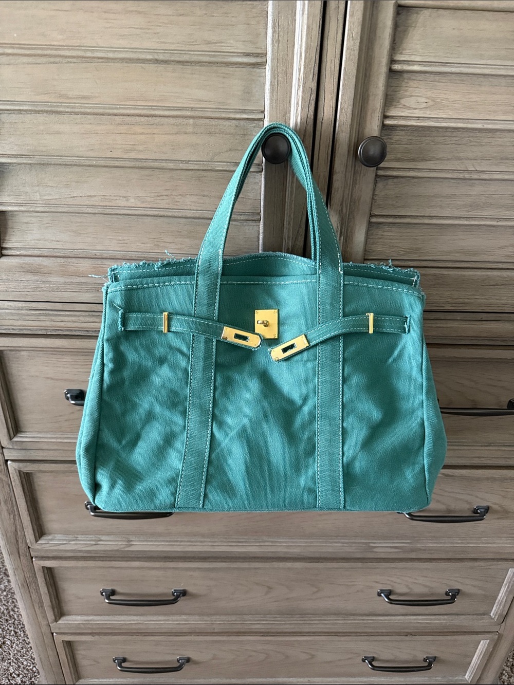 Turquoise Canvas Boatkin Tote Bag with Gold Hardware (Plastic still intact)